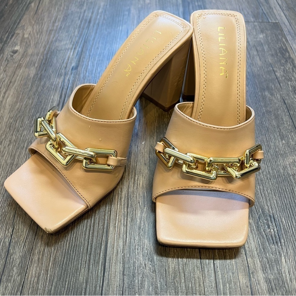 Women’s Chain Slip On Chunky Heels Shoes Sandals Tan Size 8
